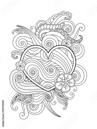 Coloring page with heart and abstract element isolated. Happy Valentines Day Graphic for print, card.