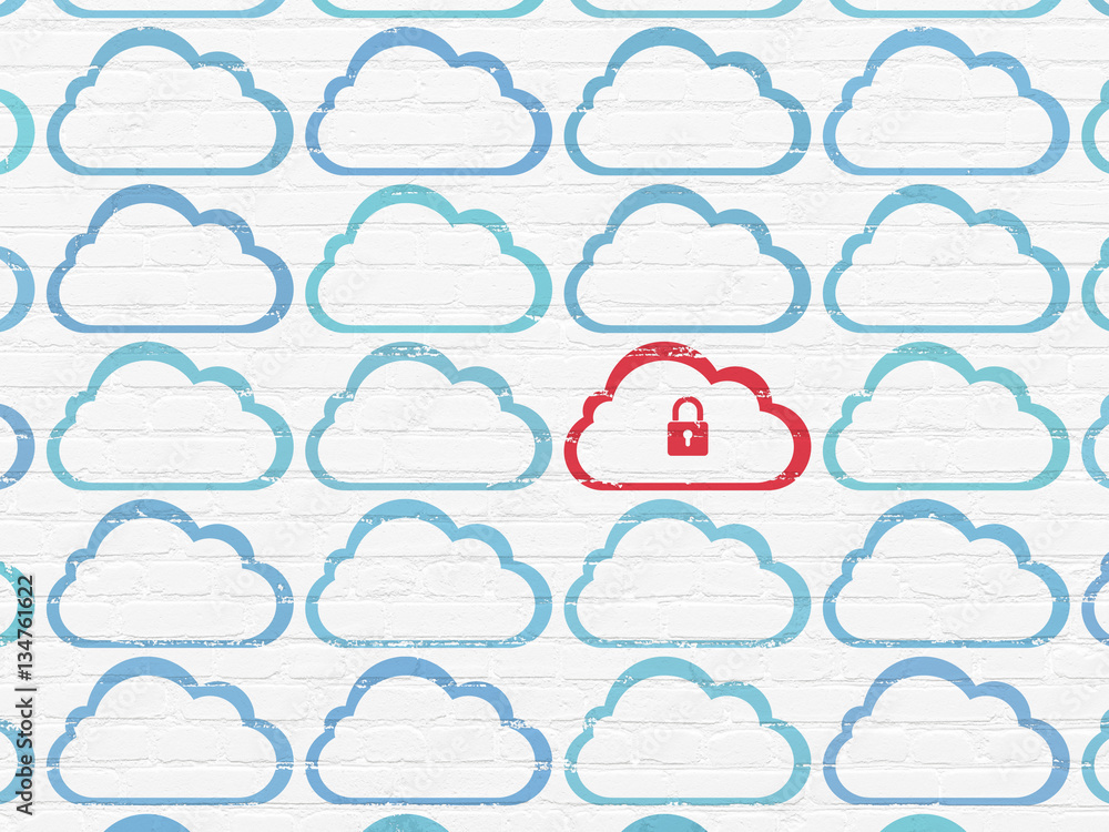 Cloud computing concept: cloud with padlock icon on wall background