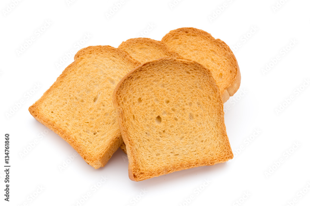 Slices of toast bread on wooden table, top view.