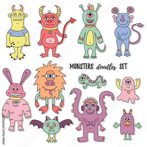 Cute monsters mutants big colorful vector set doodle hand drawn