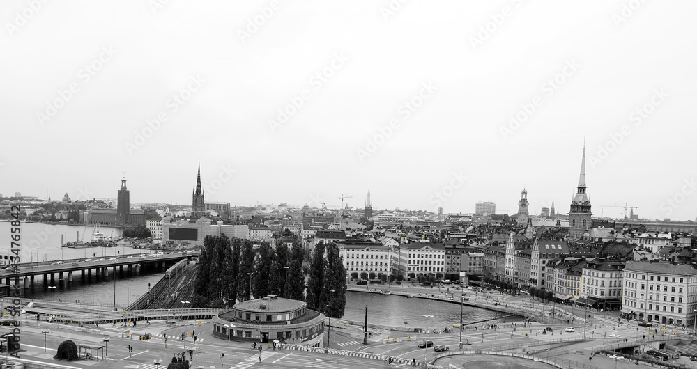 Fototapeta premium Panorama of the city, black and white with yellow highlighting