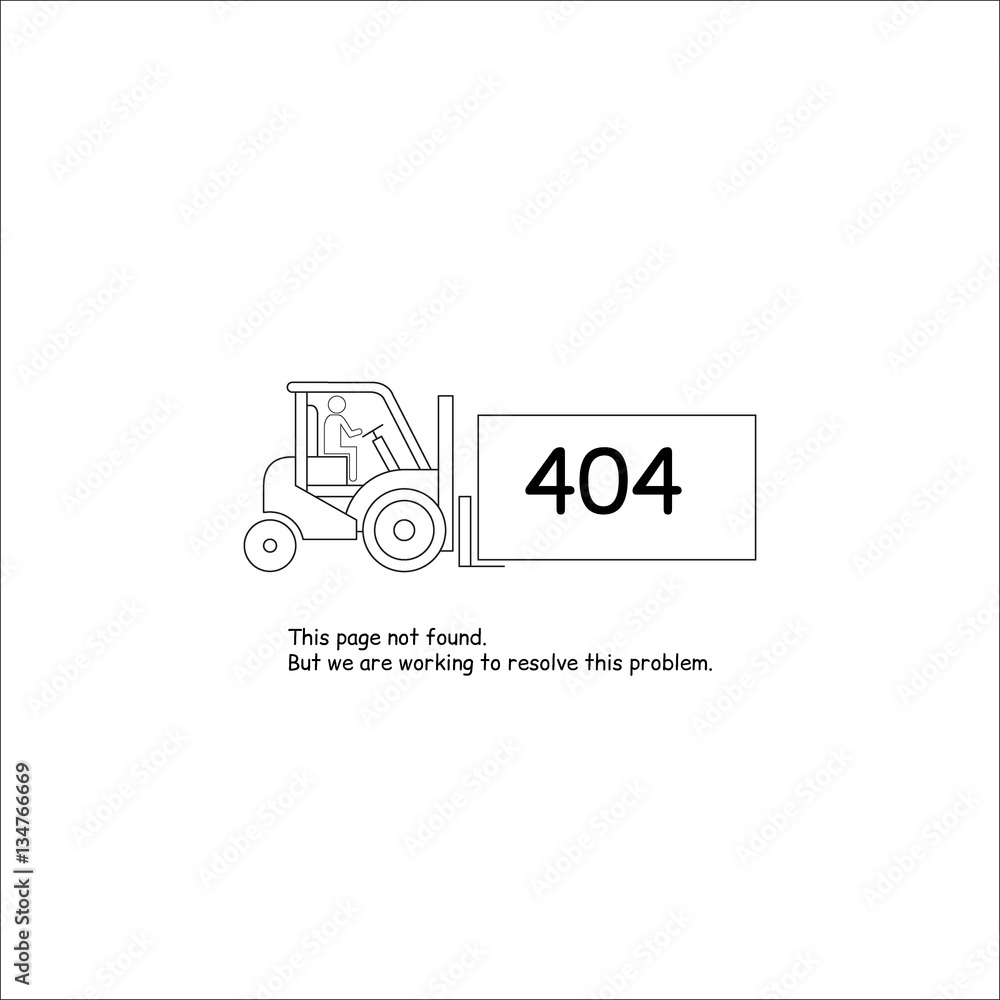Error 404. Website template. This page not found. Forklift carries a box labeled 404. Minimalistic design