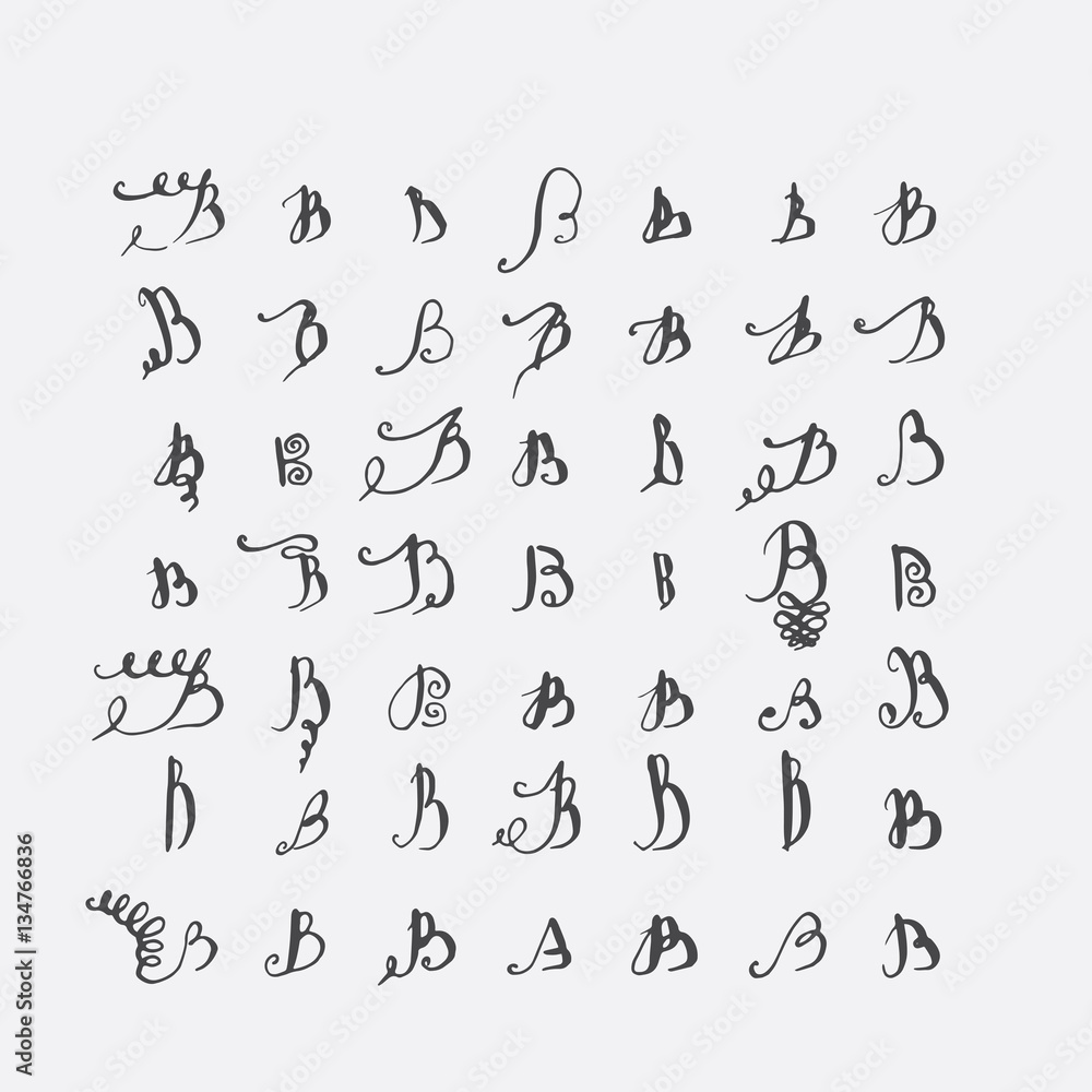 Vector set of calligraphic letters B, handwritten with pointed nib, decorated with flourishes and decorative elements. Isolated on grey black imperfect letters sequence. Various shapes collection