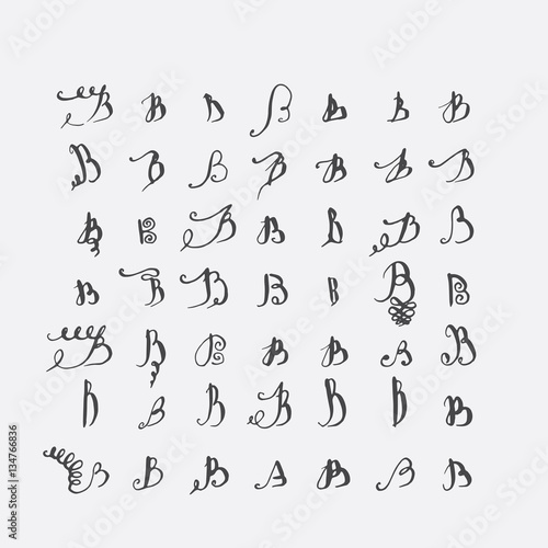 Vector set of calligraphic letters B  handwritten with pointed nib  decorated with flourishes and decorative elements. Isolated on grey black imperfect letters sequence. Various shapes collection