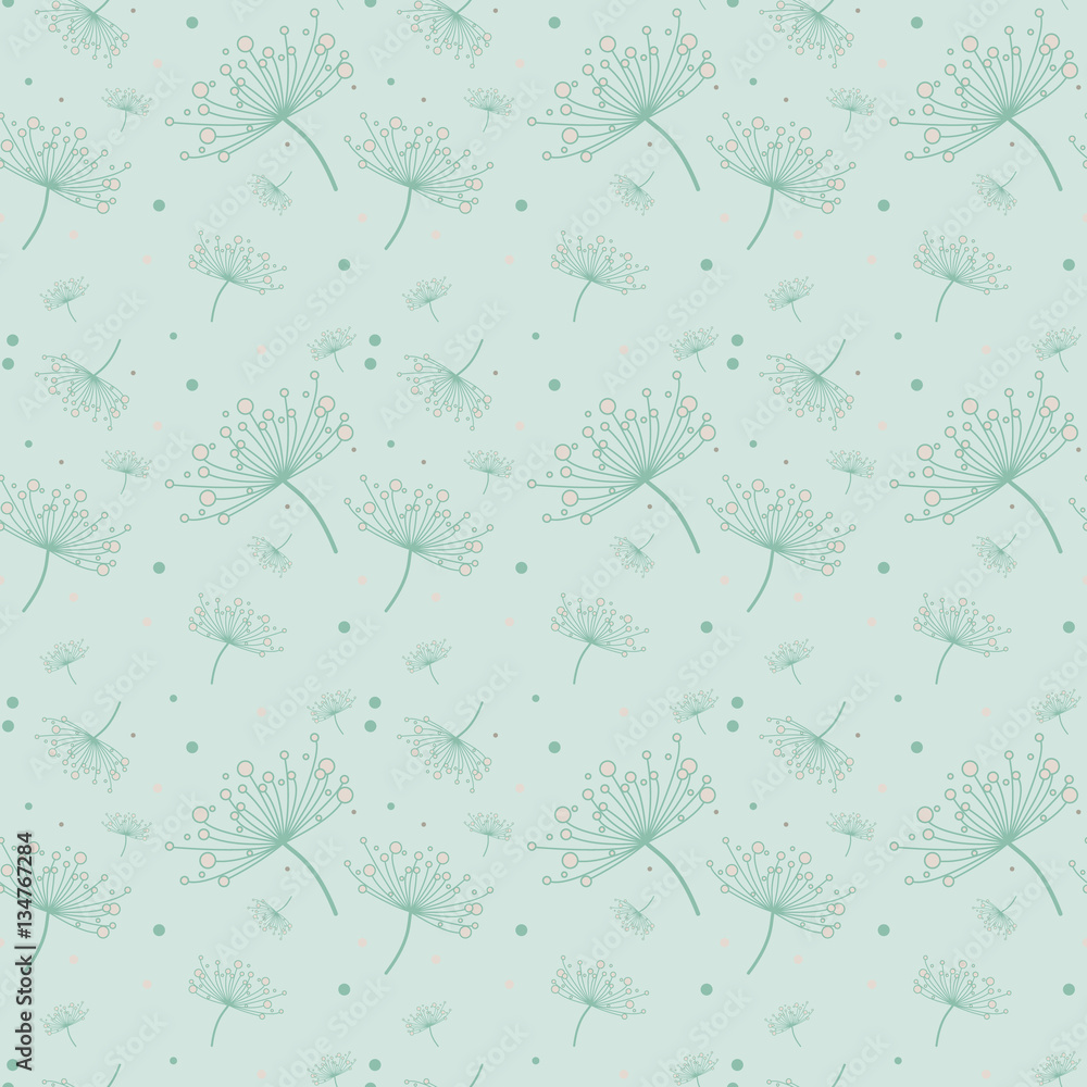 Simple seamless pattern with dandelions in mint and light pink color. Floral seamless background for dress, manufacturing, wallpapers, prints, gift wrap and scrapbook. 
