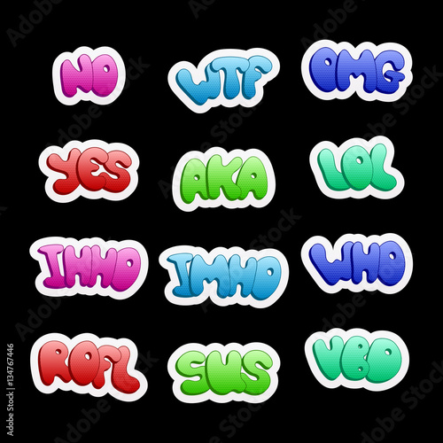 Sticker icons with halftone texture. A set of abbreviations, reductions of slang phrases for social networks and messengers photo