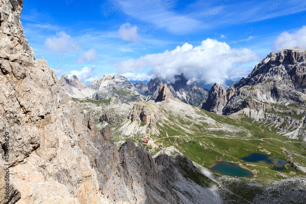 Sexten Dolomites panorama with mountain Toblinger Knoten and alpine hut Dreizinnenhütte in South Tyrol, Italy