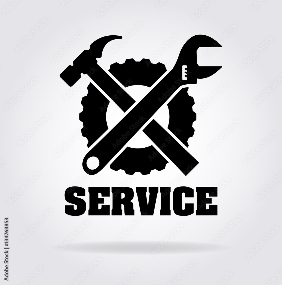 Flat style service icon with image of wrench, hammer and gear an Flat style service icon with image of wrench, hammer and gear an