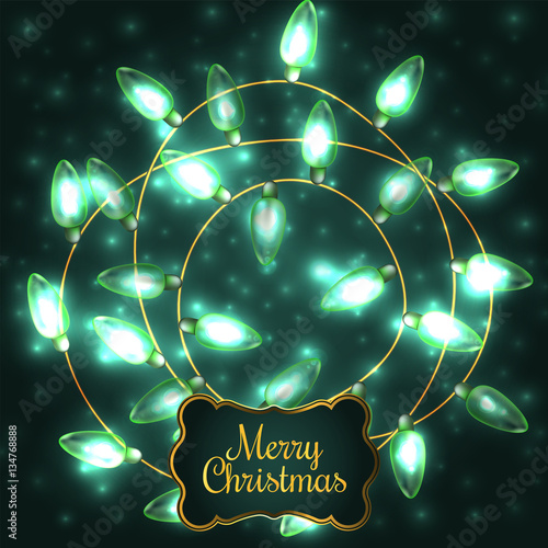 Colorful Green Glowing Christmas Lights.Vector elements can be used as backdrop for new Year decoration. Holiday Illustration, luminous electric garland, shiny light bulbs and wire