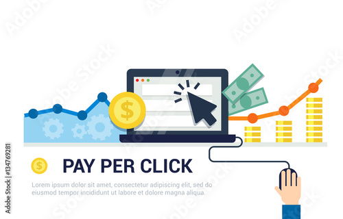 Pay Per Click flat style banner. Internet advertising, online business concept. Modern illustration for web design, marketing and print material.