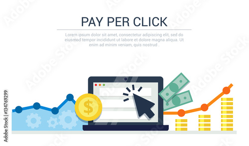 Pay Per Click flat style banner. Internet advertising, online business concept. Modern illustration for web design, marketing and print material.