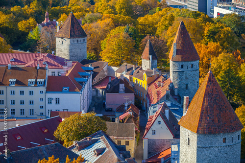 Old Town of Estonian Capital with towers, Laboratooriumi street. Aerial view of Tallinn photo