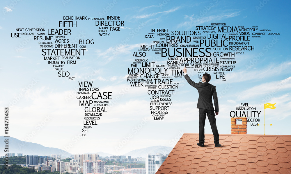 Businessman on brick roof draw world map as concept of globalization. Mixed media Businessman on brick roof draw world map as concept of globalization. Mixed media