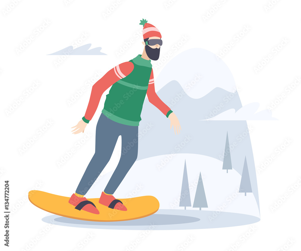 Young man snowboarding on the background of snow capped mountain. Snowboarder on piste in mountains. Vector flat design illustration.