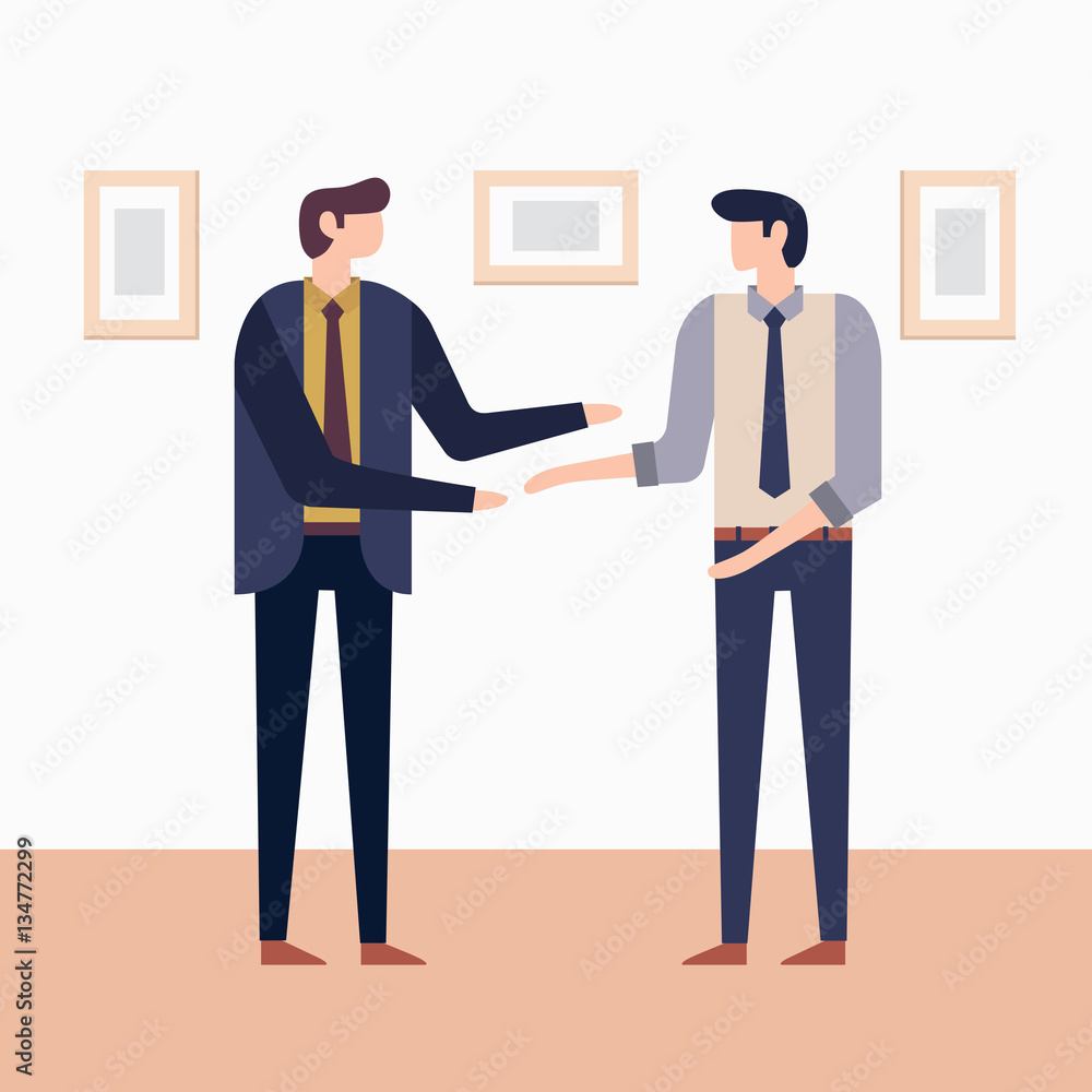 Fototapeta premium Two businessmen talking to each other. Vector illustration, flat design.