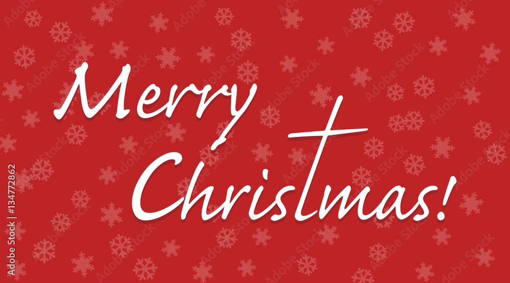 Merry Christmas text with letter t extended to a cross, white on red background with snowflakes