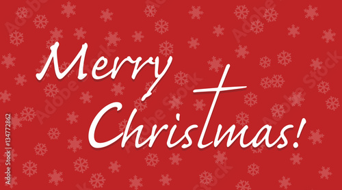 Merry Christmas text with letter t extended to a cross, white on red background with snowflakes