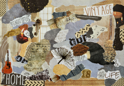 Creative Atmosphere art mood board collage sheet in color idea brown, wood,yellow and grey white made of teared magazines and printed matter paper with wood and nature textures