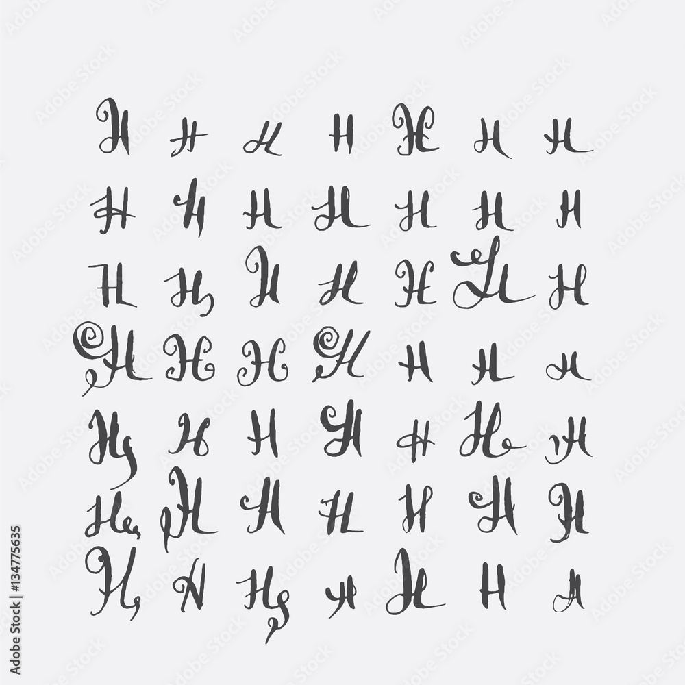 Vector set of calligraphic letters H, handwritten with pointed nib, decorated with flourishes and decorative elements. Isolated on grey black imperfect letters sequence. Various shapes collection.
