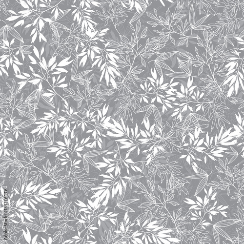 Vector Grey Blossom Branches Leaves Summer Seamless Pattern Background. Great...