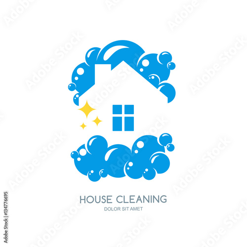 Cleaning service vector logo, emblem or icon design template. Clean house isolated illustration. Home with lather, soap foam and water drops.