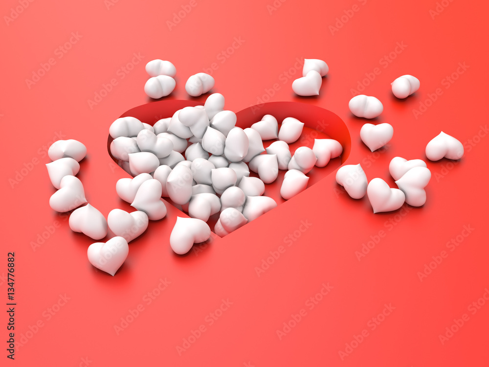 many white hearts on a red background Valentine's Day. 3d illustration many white hearts on a red background Valentine's Day. 3d illustration