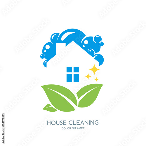 Cleaning service vector logo, emblem or icon design template. Clean house and green leaves isolated illustration. Home with lather, soap foam and water drops.
