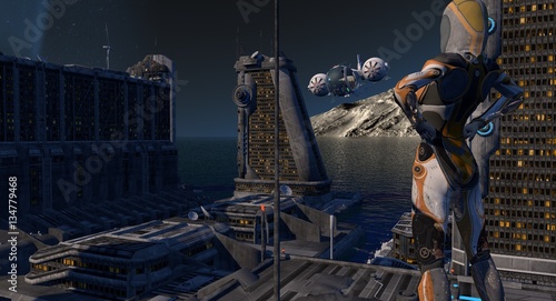 Futuristic Cityscape With Female Alien Soldier 3d Rendering