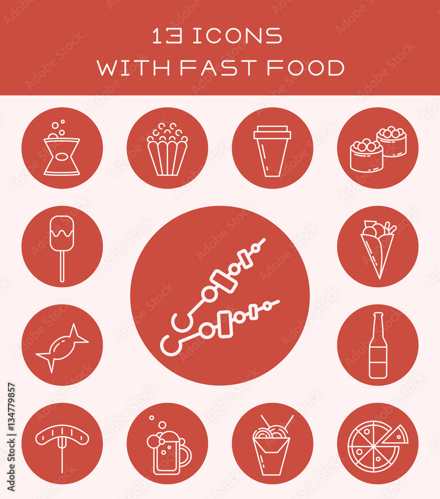 13 icons with fast food. 13 icons with fast food.