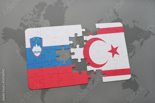 puzzle with the national flag of slovenia and northern cyprus on a world map