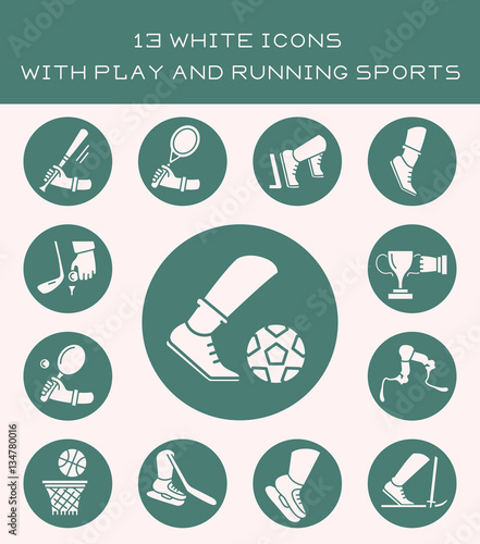 13 white icons with play and running sports.
