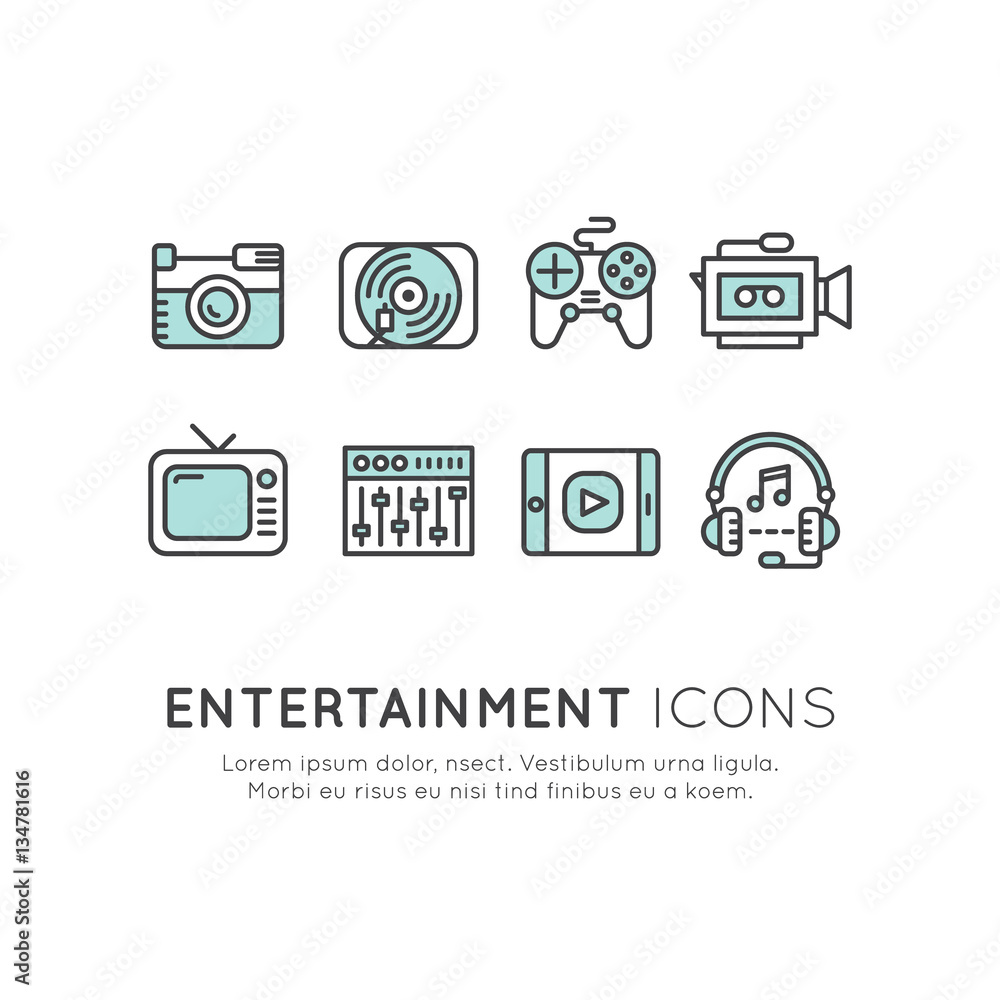 Simple Vector Icon Style Entertainment and Media Set, Video Player, Computer Came, Music Listening, Photography, Camera, Filmmaking, dj, Gamer Simple Vector Icon Style Entertainment and Media Set, Video Player, Computer Came, Music Listening, Photography, Camera, Filmmaking, dj, Gamer