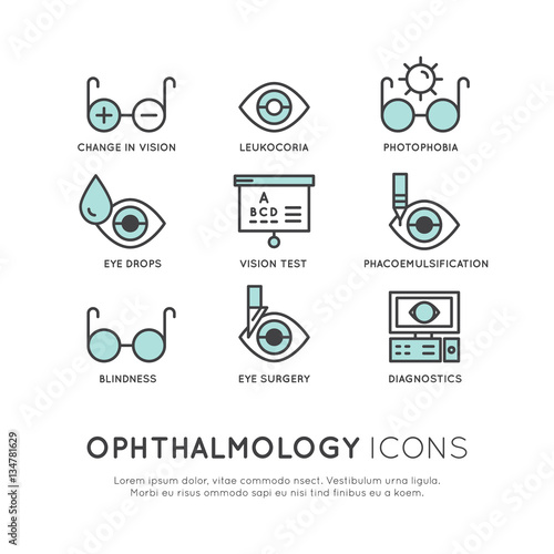 Vector Icon Style Illustration Set of Ophthalmology Healthcare, Medical Diagnosis, Human Vision Concept