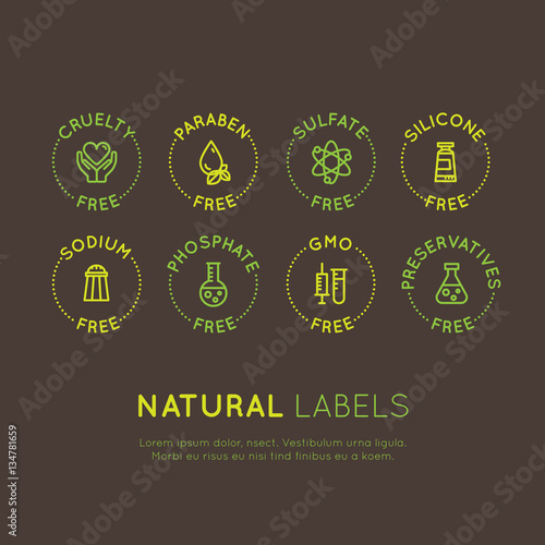 Isolated Vector Style Illustration Logo Set Badge Ingredient Warning Label Icons. GMO, SLS, Paraben, Cruelty, Sulfate, Sodium, Phosphate, Silicone, Preservative Free Organic Product Stickers
