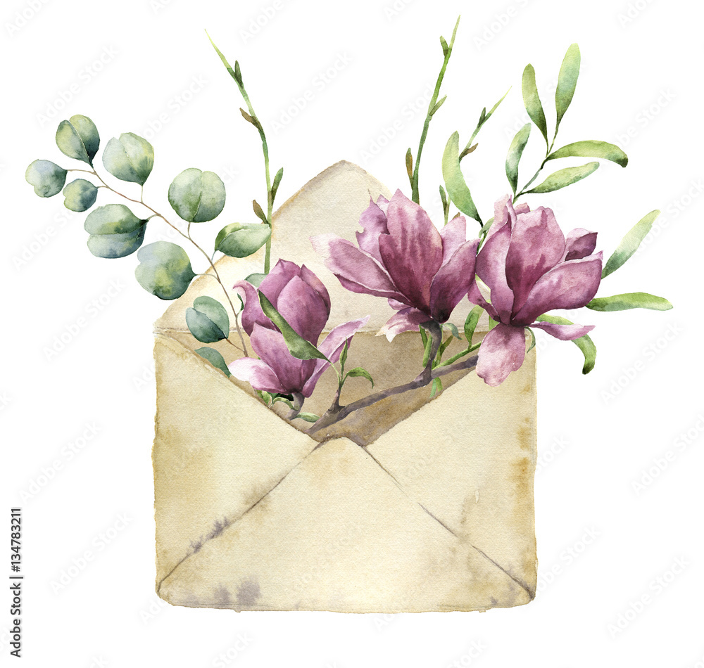 Fototapeta premium Watercolor old envelope with spring greenery, eucalyptus and magnolia. Hand painted floral card with flower, silver dollar eucalyptus and herbs on white background. For design, print or fabric.