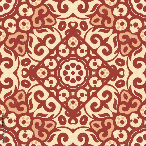Vector seamless pattern with bright brown ornament. Tile in Eastern style. Ornamental lace tracery. Ornate swirl geometrical decor for wallpaper. Traditional arabic mosaic design