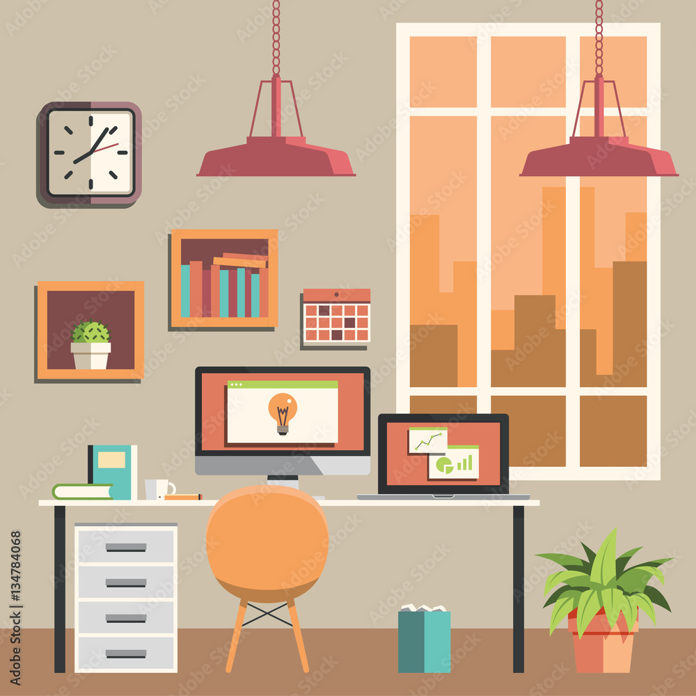 Flat design office workspace. Creative desktop 