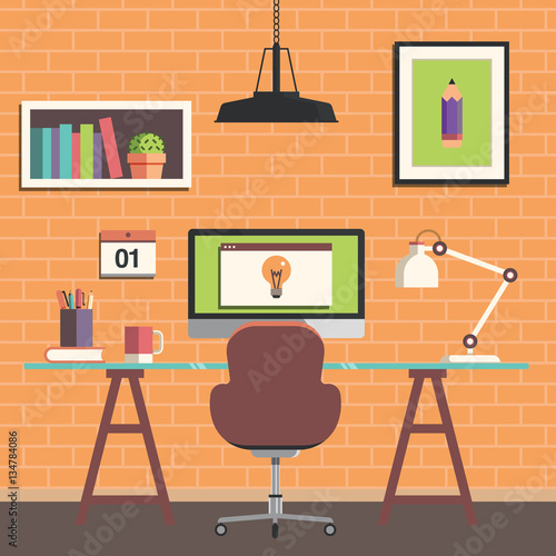 Flat design office workspace loft. Creative desktop 