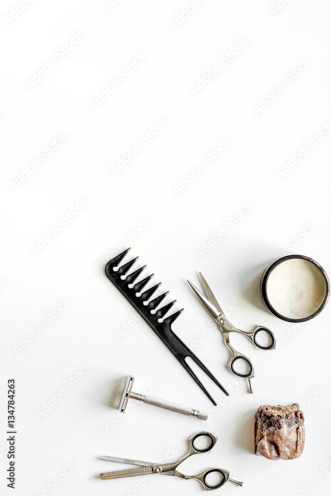 Mens hairdressing desktop with tools for shaving top view Mens hairdressing desktop with tools for shaving top view