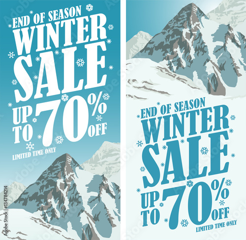 Winter travel gear sale poster design template background with mountains. Creative business promotional vector.