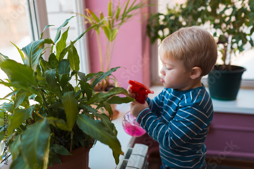 Child watering flowers with red watering can in the room