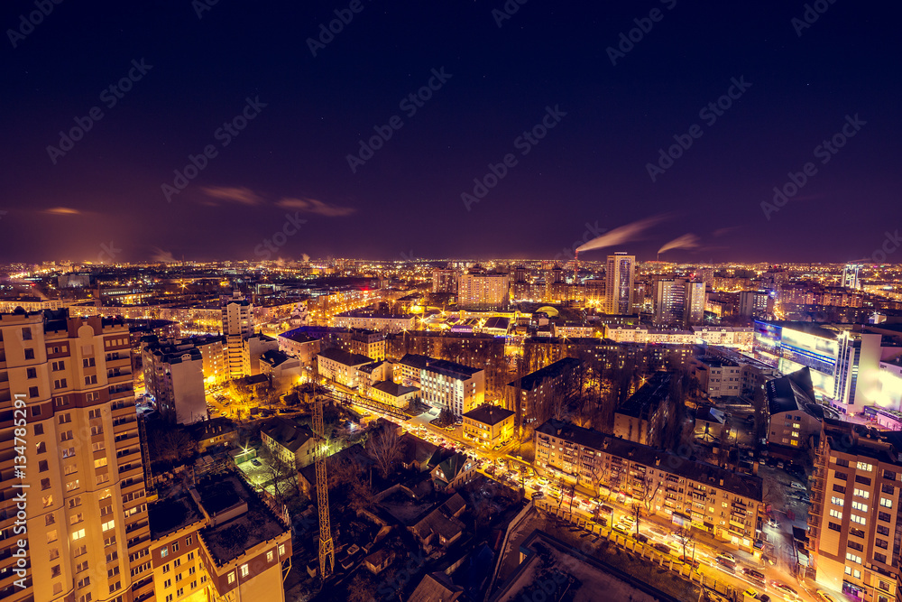 Voronezh downtown. Night cityscape from rooftop. Houses, night lights