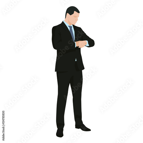 Business man in suit standing and checking his watch, flat desig