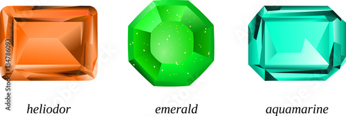 Beryl gemstones: heliodor, emerald and aquamarine - vector illustration