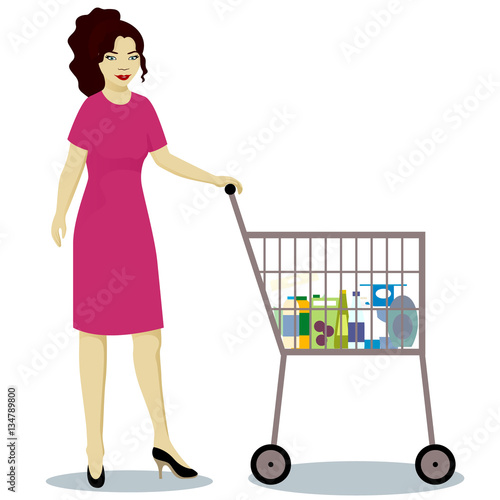 Girl with supermarket trolley full