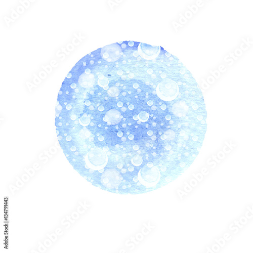 Abstract round background in shades of blue with splashes white. Winter watercolor circle