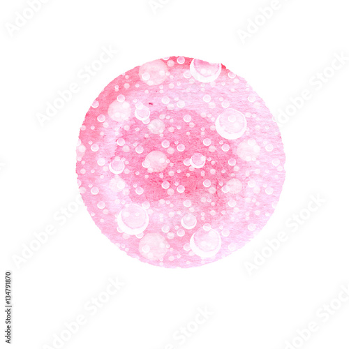 Abstract round background in shades of pink with splashes white. Winter watercolor circle