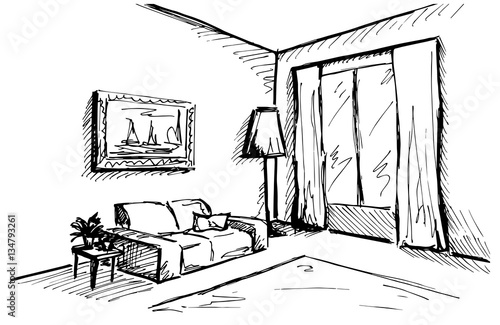 Linear sketch of an interior. Room plan. Vector illustration.
