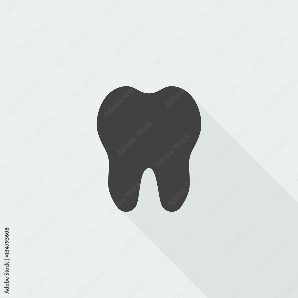 Black flat Tooth icon with long shadow on white background Black flat Tooth icon with long shadow on white background