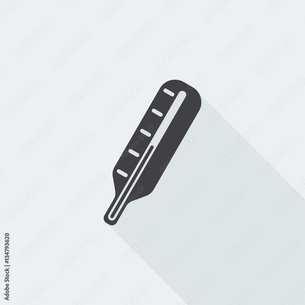 Black flat Thermometer icon with long shadow on white background Black flat Thermometer icon with long shadow on white background